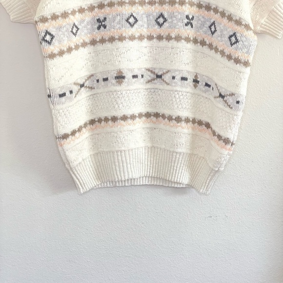 Vintage Tidewater Short Sleeve Fair Isle Cotton Knit Sweater Top Ivory Medium - Picture 4 of 12